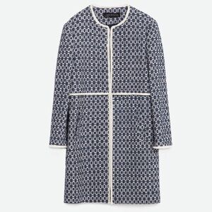 Zara Women’s Navy Blue and White Tweed Jacket size Medium